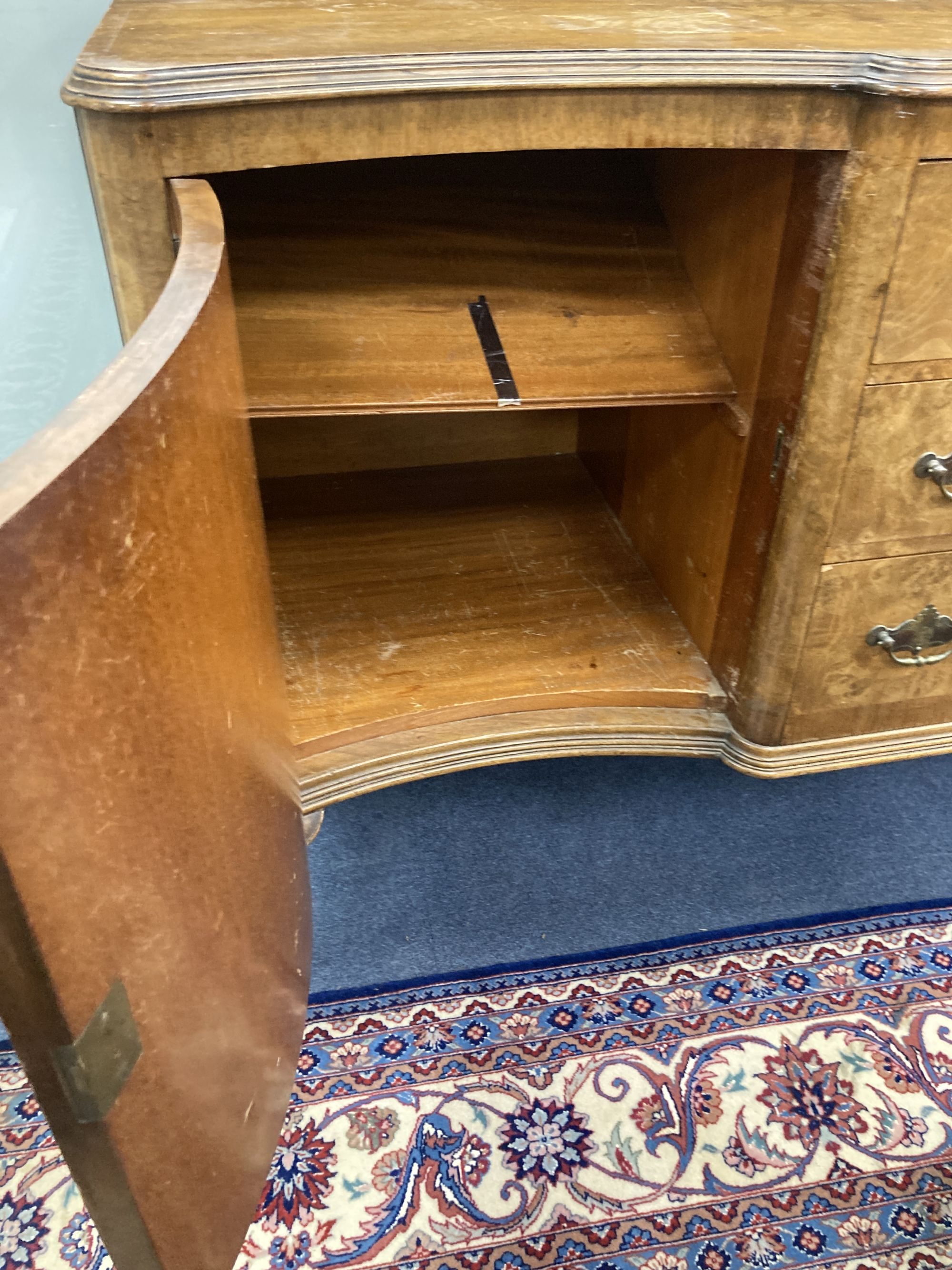 A Queen Anne revival walnut sideboard, length 150cm, depth 59cm, height 92cm